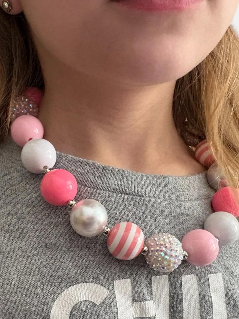Handmade Girls Pink Chunky Bubblegum Necklace Glitter Stripe Beads